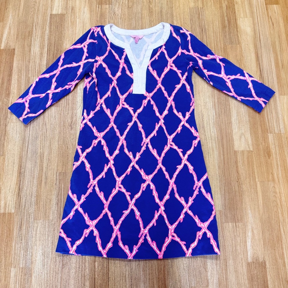 Lilly Pulitzer Skipper Popover Dress Blue Pink Coral Trellis Print Size M 14145